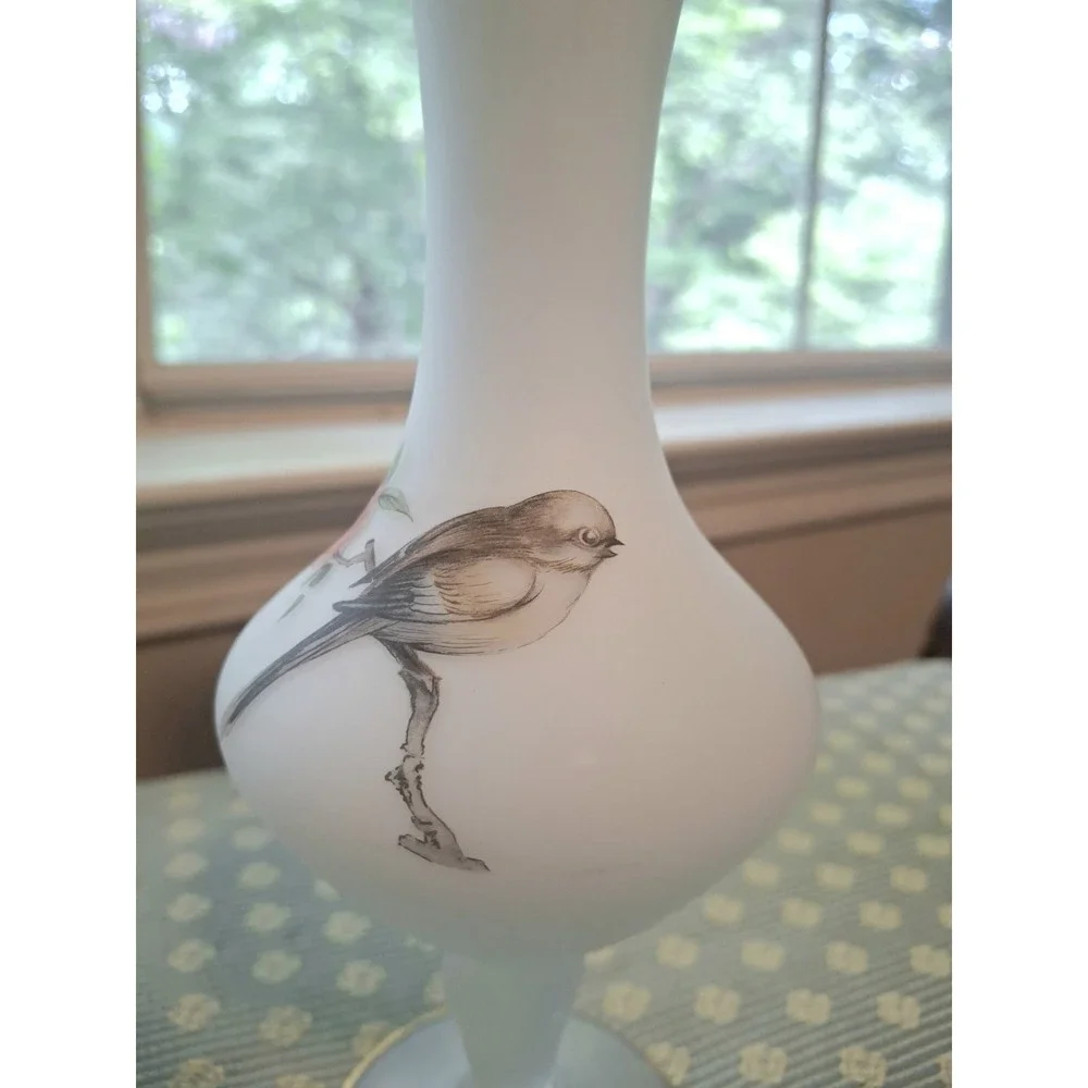 Vintage White Frosted Glass Vase Bird Flower Motif Gold Rim 10